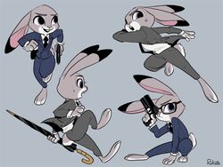  2016 4:3 action_pose anthro barefoot biped buckteeth business_suit clothing crouching disney eggsy_unwin feet female grey_background gun handgun holding_gun holding_object holding_ranged_weapon holding_weapon judy_hopps kingsman_the_secret_service lagomorph leporid looking_back mammal multiple_poses open_mouth open_smile pistol pose purple_eyes rabbit ranged_weapon rikuta_tp running simple_background smile solo suit teeth weapon zootopia 