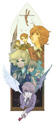  6+boys allan_twilight angel_wings asymmetrical_wings bad_id bad_pixiv_id character_request commentary_request curly_hair demon_wings edgar_portsnell english_text falling female flower formal graphite_(medium) head_rest highres holding looking_up marybell_portsnell mixed_media multiple_boys poe_no_ichizoku red_flower red_ribbon red_rose ribbon rose school_uniform short_hair suit traditional_media wings yukihiko 