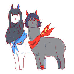  alpaca animalization black_hair commentary_request junketsu kill_la_kill kiryuuin_satsuki long_hair looking_at_viewer matoi_ryuuko no_humans scarf senketsu senketsu_(scarf) short_hair takatsuki_nato thick_eyebrows white_background 