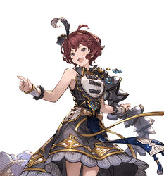  blue_eyes bow dress feathers female frills granblue_fantasy hair_ornament looking_away minaba_hideo official_art open_mouth pamela_(granblue_fantasy) red_hair ribbon short_hair simple_background sleeveless smile solo white_background wrist_cuffs 