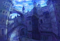  bad_id bad_pixiv_id blue_theme bridge castle cityscape no_humans original photoshop_(medium) scenery town yutori_(clockwork_chicken) 