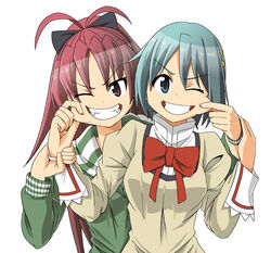  2girls blue_eyes blue_hair bow casual cheek_pull commentary_request false_smile fangs grin hair_ornament hairbow hairclip hiroshima_mikan holding_another&#039;s_wrist hood hoodie long_hair mahou_shoujo_madoka_magica mahou_shoujo_madoka_magica_(anime) miki_sayaka mitakihara_school_uniform multiple_girls one_eye_closed photoshop_(medium) ponytail red_eyes red_hair sakura_kyoko school_uniform short_hair smile 