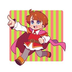  1boy blue_eyes blush boots brown_hair cape kaeru_no_tame_ni_kane_wa_naru moyori open_mouth pointing running sabure_oukoku_no_ouji short_hair smile solo striped striped_background 