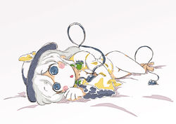  :o blue_eyes blush_stickers bottomless bow commentary_request female hat hat_bow komeiji_koishi long_hair lying on_side solo sonson_(eleven) third_eye touhou white_hair 