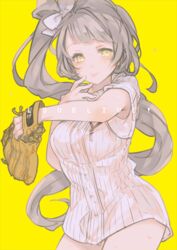  armpit_peek baseball_mitt baseball_uniform bottomless brown_hair female gj long_hair love_live! love_live!_school_idol_project minami_kotori solo sportswear very_long_hair yellow_background yellow_eyes 