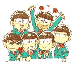  6+boys bad_id bad_twitter_id bow bowtie brothers brown_hair flower formal hands_in_pockets head_rest heart heart_in_mouth jitome male_focus matsuno_choromatsu matsuno_ichimatsu matsuno_jyushimatsu matsuno_karamatsu matsuno_osomatsu matsuno_todomatsu messy_hair multiple_boys necktie osomatsu-kun osomatsu-san osomatsu_(series) pulaco rose sextuplets siblings simple_background smile suit traditional_bowtie upper_body white_background 