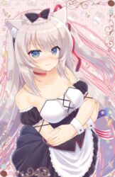  animal_ears apron arm_strap azur_lane bad_id bad_pixiv_id black_bow black_skirt blue_eyes blush bow breasts cat_ears choker cleavage collarbone crossed_arms eyebrows_visible_through_hair floating_hair frilled_apron frilled_skirt frills hair_between_eyes hair_ribbon hairbow hammann_(azur_lane) highres kisshii_(kic1224) long_hair looking_at_viewer medium_breasts miniskirt red_ribbon ribbon side_ponytail silver_hair skirt solo standing strapless very_long_hair white_apron wrist_cuffs 