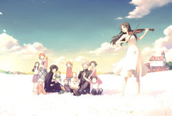  6+girls bad_id bad_pixiv_id bow_(music) brown_hair character_request cloud dress field flower flower_field freya_gaudry happy hidaka_nami instrument lolicon long_hair meteor_methuselah multiple_girls outdoors petals priest rain_jewlitt short_hair sky uniform violin yuca_collabel 