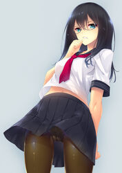  black_hair black_pantyhose blue_eyes blush commentary_request crotch_seam female highres kanata_(kanata_onion) long_hair looking_at_viewer original panties panties_under_pantyhose pantyhose pantyshot photoshop_(medium) school_uniform serafuku skirt solo underwear 