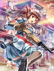  alicia_melchiott blue_skirt brown_eyes brown_gloves brown_hair ein_(long_cake) explosive female gloves grenade gun holding holding_gun holding_weapon long_hair military military_uniform open_mouth outdoors rifle senjou_no_valkyria_(series) senjou_no_valkyria_1 skirt solo thighhighs uniform weapon 