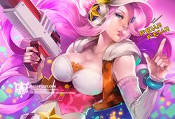  arcade_miss_fortune blowing_bubbles blue_eyes breasts cabbie_hat chewing_gum commentary crop_top detached_sleeves english_commentary female hair_over_one_eye hat headphones hood hoodie ippus large_breasts league_of_legends light_gun long_hair midriff miss_fortune_(league_of_legends) nail_polish pink_hair pointing pointing_up solo star_(symbol) upper_body vest watermark web_address yellow_nails 