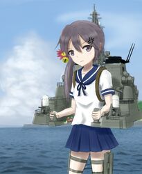  akebono_(jmsdf) akebono_(kancolle) anger_vein bell black_hair cannon commentary female fusou_(fuso0205) hair_ornament highres japan_maritime_self-defense_force japan_self-defense_force js_akebono_(kancolle) kantai_collection long_hair looking_at_viewer military original personification phalanx_ciws purple_eyes school_uniform serafuku side_ponytail solo 