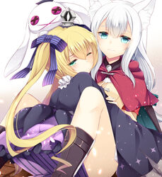  2girls 7th_dragon_(series) 7th_dragon_2020 7th_dragon_2020-ii agekichi_(heart_shape) animal_ears bad_id bad_pixiv_id blonde_hair blue_eyes chelsea_(7th_dragon) chitrine_(7th_dragon) commentary_request gothic_lolita hacker_(7th_dragon) lolita_fashion long_hair lucier_(7th_dragon) multiple_girls pantyhose striped_clothes striped_pantyhose twintails vertical-striped_clothes vertical-striped_pantyhose white_hair 