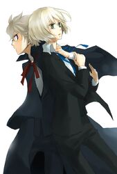  2boys allan_twilight blonde_hair blue_ribbon bob_cut brown_hair cape commentary_request edgar_portsnell formal hyu_ga male_focus multiple_boys poe_no_ichizoku profile red_ribbon ribbon school_uniform white_background 