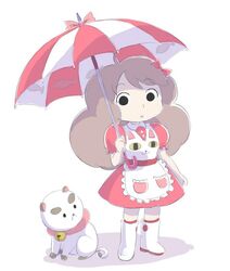  :o animal apron bee_(bee_and_puppycat) bee_and_puppycat bee_the_human_girl bell black_eyes boots bow brown_hair choker feline female hairbow helpyourselfish iesupa jingle_bell parted_lips puppycat simple_background skirt solid_circle_eyes solo standing tareme umbrella white_background 