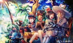  2girls backpack bad_id bad_pixiv_id bag beanie bench bird biting black_hair black_shirt blonde_hair blood blue_sky braid bush capri_pants closed_eyes copyright_name dated day dress duffel_bag eating gen_7_pokemon green_hair grubbin hat hau_(pokemon) kneehighs light_rays lillie_(pokemon) litten long_hair looking_at_another malasada mizuki_(pokemon) multiple_boys multiple_girls naru_(andante) palm_tree pants pikipek pokemon pokemon_(creature) pokemon_(game) pokemon_sm popplio rowlet shirt shoes short_hair shorts signature sitting sky smile sneakers striped striped_shirt sun_hat sunbeam sunlight sweatdrop t-shirt topknot tree tree_shade twin_braids white_dress you_(pokemon) yungoos 