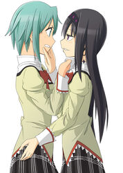  2girls akemi_homura black_hair blue_eyes blue_hair clenched_teeth clothes_grab commentary_request earrings eye_contact face-to-face grabbing_another&#039;s_chin grin hand_on_another&#039;s_chin hand_on_another&#039;s_hip hiroshima_mikan holding_another&#039;s_wrist jewelry long_hair looking_at_another mahou_shoujo_madoka_magica mahou_shoujo_madoka_magica:_hangyaku_no_monogatari miki_sayaka mitakihara_school_uniform multiple_girls photoshop_(medium) purple_eyes school_uniform short_hair single_earring smile spoilers teeth 