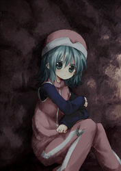  blue_hair commentary_request female hat hunter_x_hunter kurohino ponzu shadow short_hair sitting solo 