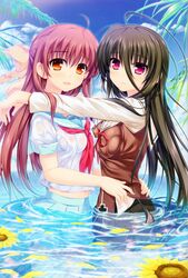  2girls :d absurdres ahoge alpha_(yukai_na_nakamatachi) black_hair brown_hair cloud day flower g-senjou_no_maou hair_between_eyes highres hinata_natsumi_(sharin_no_kuni) hug jiyuugasaki_academy_school_uniform multiple_girls open_mouth orange_eyes outdoors partially_submerged petals pink_eyes scan school_uniform see-through sharin_no_kuni_himawari_no_shoujo sky smile sunflower tree usami_haru water wet wet_clothes 