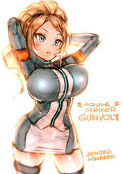  arms_behind_head azure_striker_gunvolt blue_eyes breasts brown_hair commentary_request female highres huge_breasts monica_(gunvolt) open_mouth photoshop_(medium) ponytail rondo_bell skirt solo thighhighs white_background 