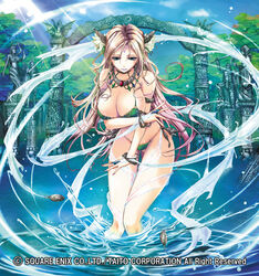  armband bikini bracelet breasts brown_hair cleavage commentary_request female flower green_bikini hair_flower hair_ornament jewelry large_breasts long_hair magic multicolored_hair necklace ring solo splashing statue sun_glare swimsuit tana_(garyuh-chitai) tattoo wading water wet yuukyuu_no_sharin 