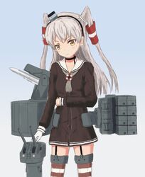  amatsukaze_(jmsdf) amatsukaze_(kancolle) bad_id bad_pixiv_id brown_eyes choker commentary_request dress female fusou_(fuso0205) gloves grey_hair hair_tubes highres japan_maritime_self-defense_force japan_self-defense_force js_amatsukaze_(kancolle) kantai_collection long_sleeves machinery military missile neckerchief original red_legwear rensouhou-kun sailor_collar sailor_dress single_glove striped_clothes striped_thighhighs thighhighs two_side_up white_gloves zettai_ryouiki 