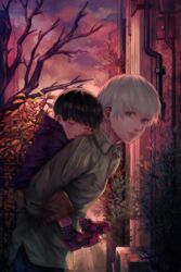  2boys aged_down bad_id bad_pixiv_id bare_tree black_hair blush carrying closed_mouth cloud cross-laced_footwear dual_persona from_side grey_eyes hand_on_another&#039;s_shoulder highres hood hoodie industrial_pipe kaneki_ken leaf leaning_forward long_sleeves looking_at_viewer male_focus multiple_boys outdoors piggyback shoes shorts sky sleeping smile time_paradox tokyo_ghoul tree white_hair xino 