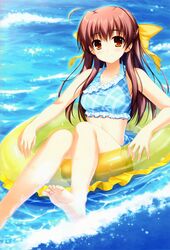  absurdres afloat ahoge alpha_(yukai_na_nakamatachi) barefoot bikini bow brown_eyes brown_hair collarbone feet female frilled_bikini frills hairbow half_updo halterneck highres hinata_natsumi_(sharin_no_kuni) innertube legs light_smile long_hair looking_at_viewer ocean plaid plaid_bikini scan sharin_no_kuni_himawari_no_shoujo smile soles solo swim_ring swimsuit tankini toes water waves wet 