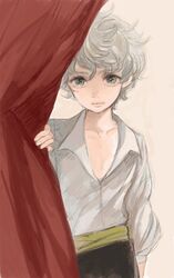  1boy commentary curtain_grab curtains edgar_portsnell grey_eyes kiddoson male_focus poe_no_ichizoku shirt solo white_hair white_shirt 