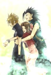  2boys aerith_gainsborough black_hair blonde_hair bow bracelet braid brown_hair cloud_strife commentary_request cropped_jacket dress final_fantasy final_fantasy_vii final_fantasy_vii_advent_children gloves hair_ribbon hug hug_from_behind jewelry long_dress long_hair multiple_boys pink_bow pink_dress ponytail ribbon scar seasaltice13 single_braid sleeveless sleeveless_turtleneck turtleneck zack_fair 