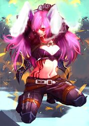  alternate_costume animal_ears arms_behind_head arms_up bad_id bad_pixiv_id black_pants breasts cigarette cleavage cosplay crop_top cropped_jacket denim derivative_work female hair_over_one_eye jeans katarina_(league_of_legends) katarina_(league_of_legends)_(cosplay) league_of_legends lips long_hair looking_at_viewer midriff navel on_one_knee pants purple_eyes purple_hair rabbit_ears rabbit_girl reisen_udongein_inaba smoking solo tattoo third-party_edit touhou yuudai_(oromizu) 