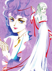  1boy 70s alternate_hair_color androgynous blue_eyes brooch brother_and_sister dress drill_hair edgar_portsnell female gown green_eyes hagio_moto hands_together highres interlocked_fingers jewelry long_dress long_hair marybell_portsnell official_art oldschool pink_lips poe_no_ichizoku red_ribbon ribbon siblings traditional_media victorian watercolor_(medium) white_dress 