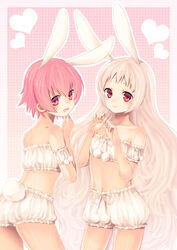  2girls albino animal_ears bad_id bad_pixiv_id bloomers hands iron_maiden_jeanne long_hair looking_at_viewer looking_back midorikawa_you multiple_girls photoshop_(medium) pink_eyes pink_hair rabbit_ears red_eyes shaman_king short_hair tail tamamura_tamao underwear underwear_only very_long_hair white_bloomers white_hair 