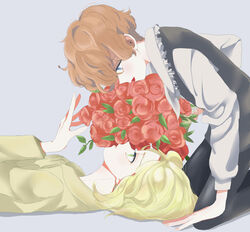  2boys absurdres allan_twilight androgynous blonde_hair bouquet brown_hair commentary_request edgar_portsnell flower grey_background highres lipstick looking_at_another looking_down looking_up lying makeup mikan_no_jamu multiple_boys poe_no_ichizoku profile red_flower red_lips red_rose rose simple_background vest 