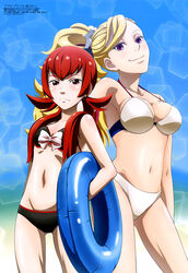  2girls absurdres ass_visible_through_thighs banryuu_reoko bikini blonde_hair blue_innertube breasts bubuki_buranki chanohara_takuya collarbone day hairband hazama_zetsubi highres holding holding_swim_ring innertube large_breasts legs_apart long_hair looking_at_viewer magazine_scan megami_magazine multiple_girls navel official_art outdoors ponytail red_eyes red_hair scan shiny_skin small_breasts smile standing strap_gap swim_ring swimsuit twintails 