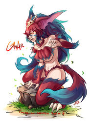  animal_ears bad_id bad_pixiv_id blue_hair breasts chinese_commentary claws commentary_request female genderswap_(mtf) gnar_(league_of_legends) hair_ornament highres large_breasts league_of_legends midriff monster_girl multicolored_hair navel orange_eyes personification red_hair rule_63 skull_hair_ornament solo sueyen tail tusks underboob 