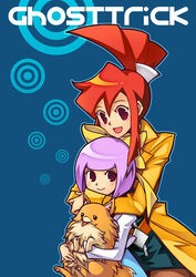  2girls aria_(aria_chu) black_eyes canine chinese_commentary coat commentary_request ghost_trick kamila_(ghost_trick) lynne_(ghost_trick) missile_(ghost_trick) multiple_girls open_mouth pantyhose photoshop_(medium) pomeranian_(dog) purple_hair red_hair ribbon simple_background smile trench_coat 