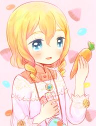  1boy andou_mario androgynous apron bad_id bad_link bad_twitter_id blonde_hair blue_eyes blush carrot drill_hair idolmaster idolmaster_side-m inu_(griffone) jewelry kappougi male_focus necklace open_mouth otoko_no_ko smile solo 