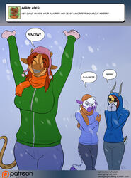  antelope anthro ask_blog big_breasts bovid breasts clothing conditional_dnp dialogue dialogue_box diamond_(kadath) digital_media_(artwork) english_text equid equine female gazelle giraffe giraffid glitter_(kadath) gloves group handwear happy horn jacket kadath mammal ossicone patreon patreon_logo purple_stripes puzzle_(kadath) snow speech_bubble stripes sweater text topwear url website_logo winter zebra 