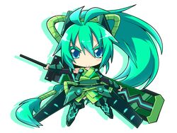  aqua_eyes armor chibi commentary_request female gauntlets greaves green_hair headgear reku solo sword vividgreen vividred_operation weapon 