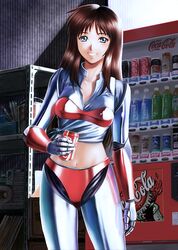  android blue_eyes brown_eyes brown_hair can coca-cola commentary_request female grin leina_stol machine_robo machine_robo_chronos_no_dai_gyakushuu midriff navel paint_can product_placement shelf shirt smile solo tied_shirt vending_machine yusao 