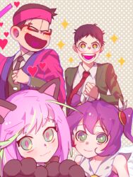  +_+ 2boys 2girls :3 animal_ears animal_hands bad_id bad_twitter_id bespectacled black_hair cat_ears cat_paws closed_eyes crossover glasses gloves glowstick gondo_(uwangz93) green_eyes happi hashimoto_nyaa headband heart heart_in_mouth highres himeno_kotori japanese_clothes matsuno_choromatsu multicolored_hair multiple_boys multiple_girls necktie onoda_sakamichi osomatsu-kun osomatsu-san osomatsu_(series) paw_gloves pink_hair polka_dot polka_dot_background purple_hair red-framed_eyewear red_necktie sleeveless smile sparkle streaked_hair trait_connection twintails yowamushi_pedal 