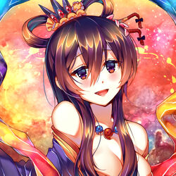  bad_id bad_pixiv_id bare_shoulders black_hair breasts brown_eyes cleavage female hagoromo hair_ornament hair_rings izanami_(p&amp;d) japanese_clothes jewelry kimono large_breasts long_hair looking_at_viewer magatama may_(2747513627) necklace off_shoulder open_mouth puzzle_&amp;_dragons shawl smile solo 