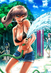  3girls bad_id bad_pixiv_id bare_shoulders baseball_cap bikini black_bikini blue_sky breasts brown_hair burunuu_(bullnukko) chain-link_fence cleavage closed_eyes cloud collarbone contrail cowboy_shot day denim denim_shorts fanning_face fence green_eyes hand_fan hat hip_bones holding holding_fan hose large_breasts looking_at_another looking_at_viewer looking_to_the_side multiple_girls one_eye_closed open_fly open_mouth original outdoors panties pantyshot paper_fan pointing ponytail sandals shiny_skin shirt short_shorts shorts sitting skirt sky sleeveless sleeveless_shirt smile solo_focus spraying summer swimsuit t-shirt tree uchiwa underwear unzipped water white_panties yawning 