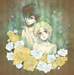  2boys allan_twilight bad_id bad_pixiv_id blonde_hair blood brown_hair bu_(pixiv1313186) commentary_request curly_hair cuts edgar_portsnell flower green_background green_theme injury male_focus multiple_boys nude poe_no_ichizoku rose striped striped_background vertical_stripes white_flower white_rose yellow_flower yellow_rose 