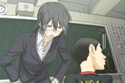  1boy age_difference aporon artist_request black_hair blackboard chalkboard chart classroom clock female glasses sitting teacher 