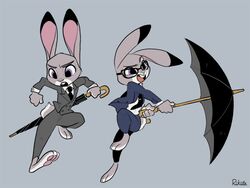  2016 4:3 anthro barefoot biped blue_border border buckteeth business_suit clothing disney eggsy_unwin eyewear feet female glasses grey_background holding_object judy_hopps kingsman_the_secret_service lagomorph leporid mammal multiple_poses open_mouth pawpads pose purple_eyes rabbit rikuta_tp simple_background solo suit teeth umbrella zootopia 