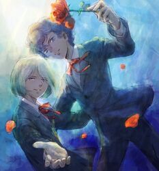  2boys allan_twilight backlighting bob_cut commentary_request edgar_portsnell flower formal holding holding_flower light_smile long_sleeves looking_at_viewer male_focus multiple_boys neck_ribbon night oekaki outstretched_hand parted_lips petals poe_no_ichizoku pov reaching reaching_towards_viewer red_flower red_ribbon red_rose ribbon rose rose_petals sakai_yume school_uniform smile suit 