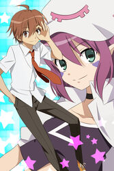  1boy bad_id bad_pixiv_id brown_eyes brown_hair female fujiwara_yumeji green_eyes hand_in_pocket hat merry_nightmare minagawa necktie photoshop_(medium) pointy_ears purple_hair short_hair star_(symbol) yumekui_merry 