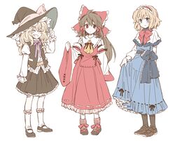  3girls adapted_costume alice_margatroid arata_iri blonde_hair blue_eyes brown_hair closed_eyes embellished_costume frills grin hakurei_reimu kirisame_marisa multiple_girls pantyhose red_eyes simple_background smile standing touhou white_background 